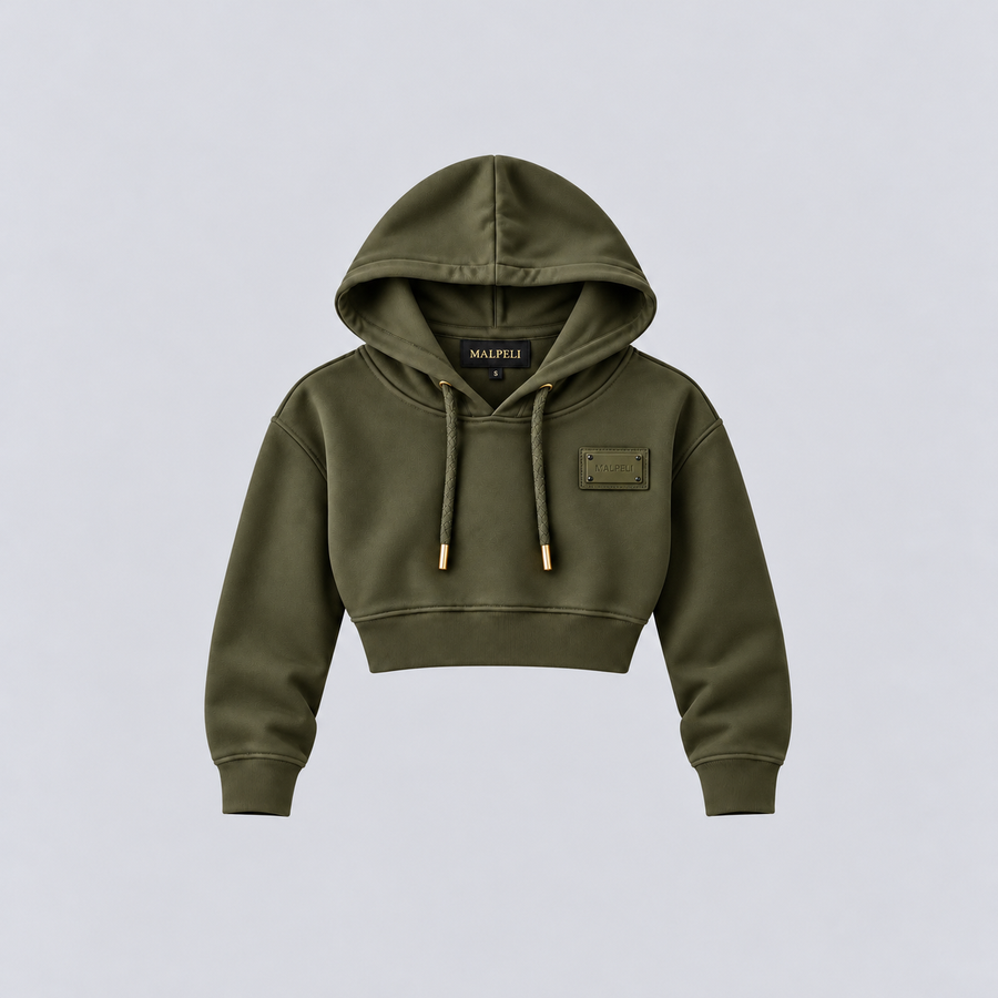 Women’s Khaki Green Cropped Hoodie – Luxury Olive Green Sweatshirt