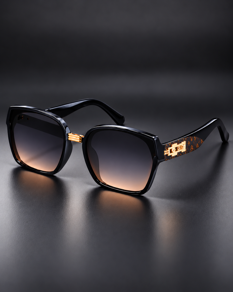Black Oversized Square Sunglasses Brown Gradient Gold Detail