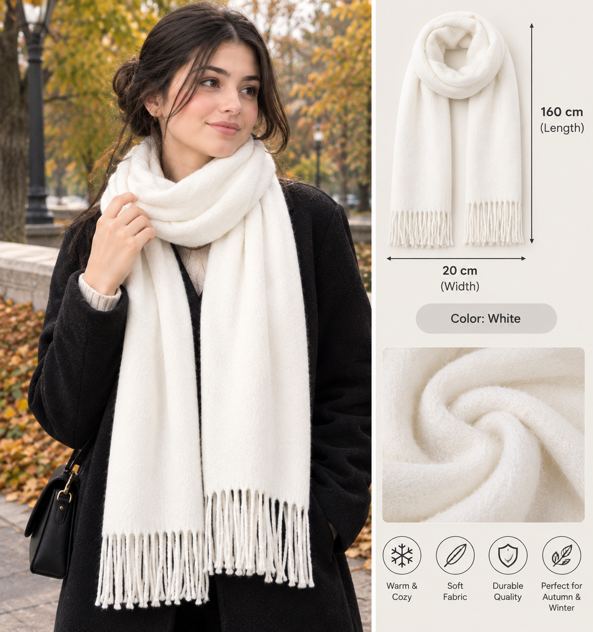 Women’s Thick Knitted Winter Scarf – Solid White