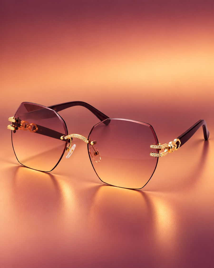 Luxury Rimless Sunglasses – Brown Gradient Lenses, Gold Detail | Women’s Designer-Style Eyewear