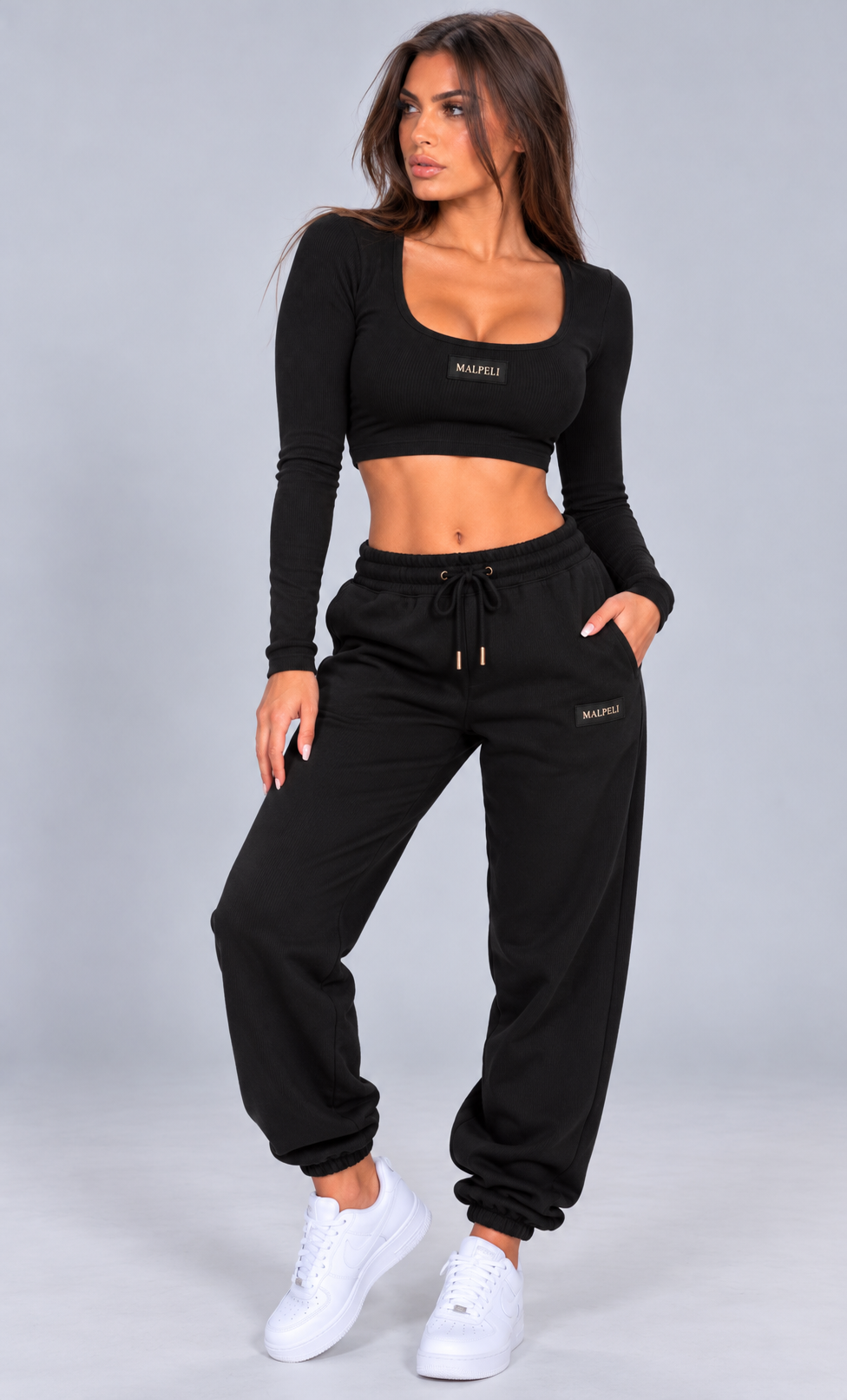 Women’s Black Ribbed Long Sleeve Crop Top – Scoop Neck Fitted Top