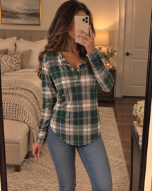 Women’s Forest Green Plaid Henley Jumper – Long Sleeve Autumn Top