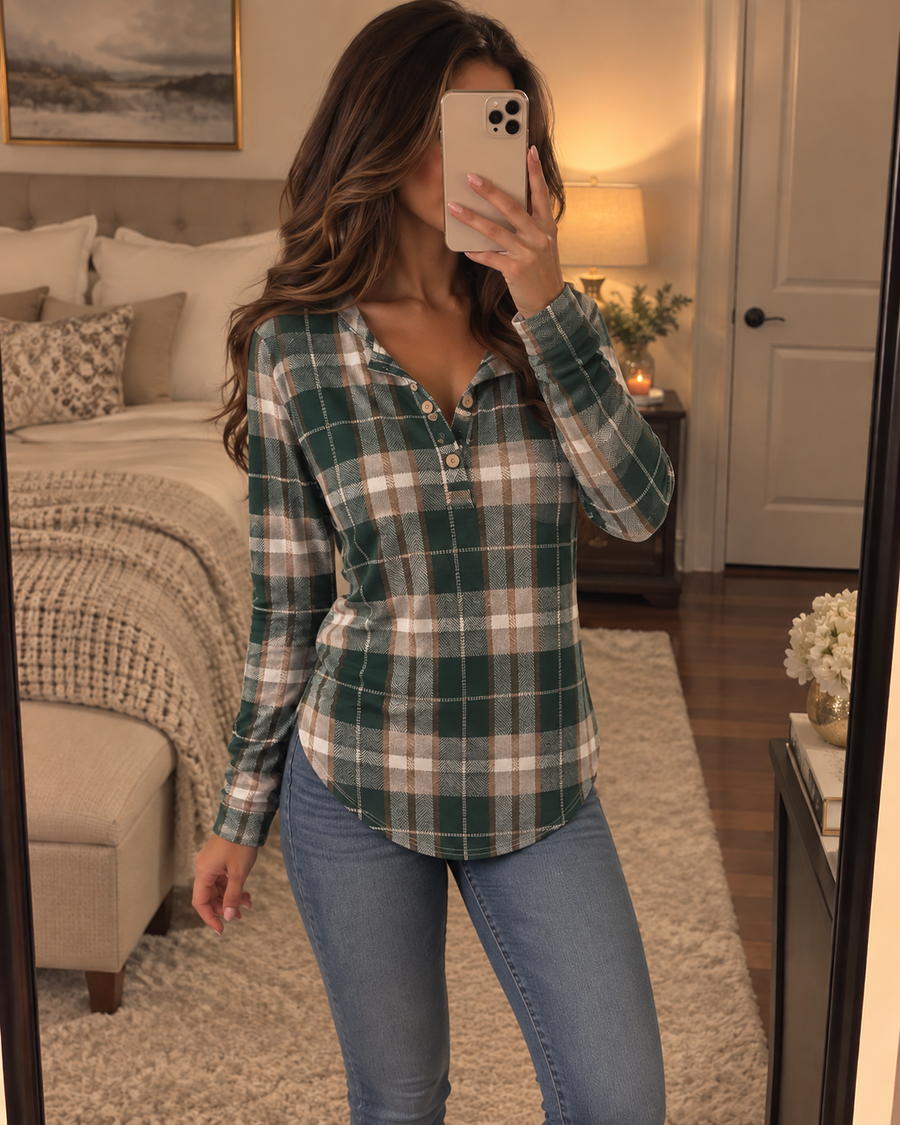 Women’s Forest Green Plaid Henley Jumper – Long Sleeve Autumn Top