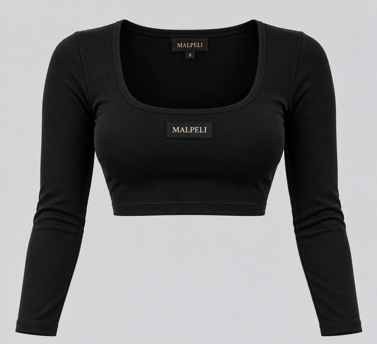 Women’s Black Ribbed Long Sleeve Crop Top – Scoop Neck Fitted Top