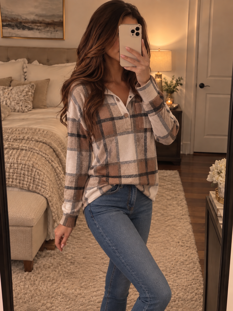 Women’s Autumn Plaid Henley Jumper – Cream & Brown