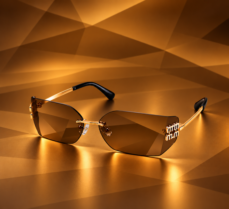 Women’s Brown Rimless Oversized Square Sunglasses – Gold Metal Frame, Amber Brown Tinted Lenses, Luxury Style Fashion Eyewear