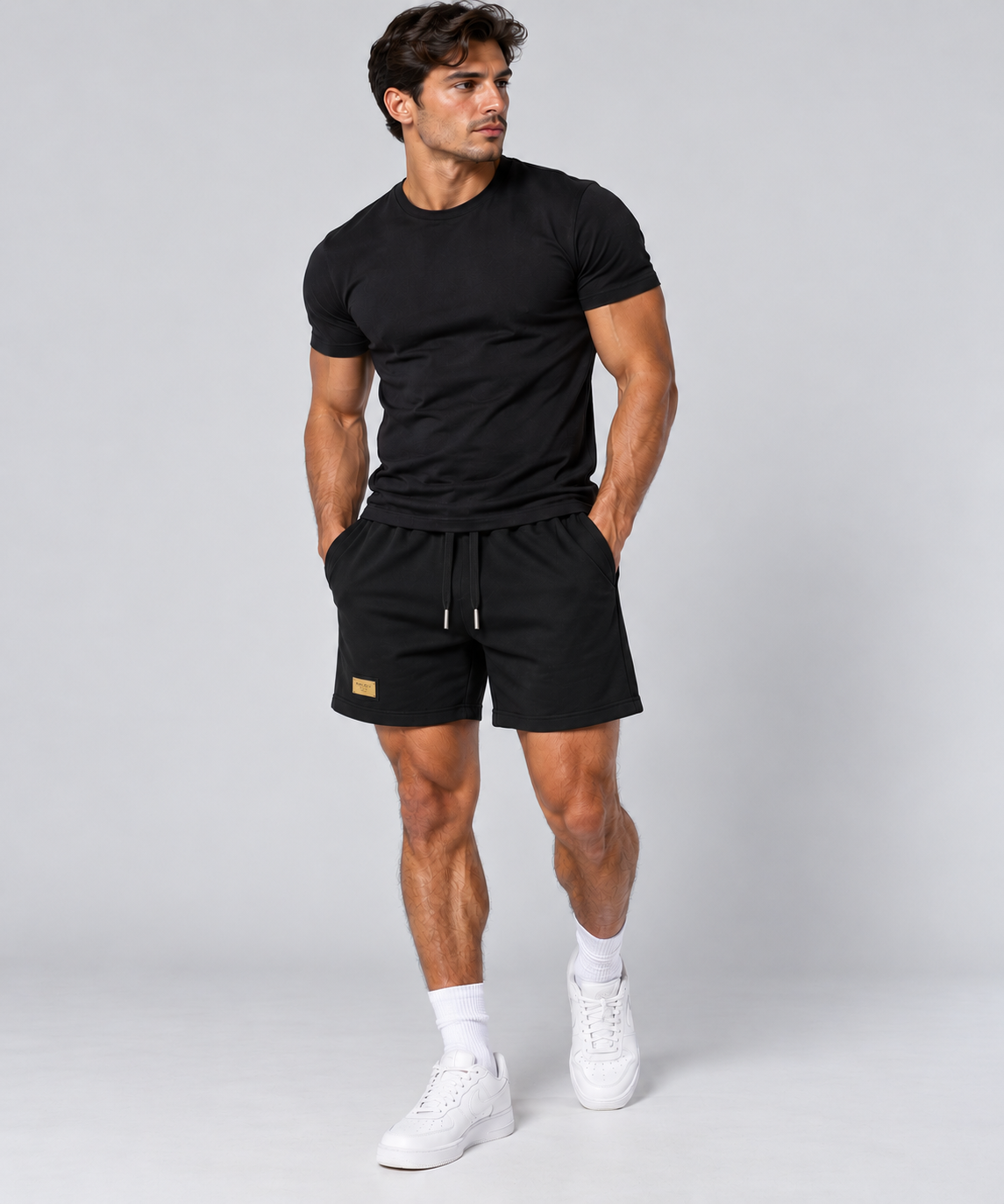 Men’s Black Shorts – Gold Logo Badge | Luxury Casual Streetwear