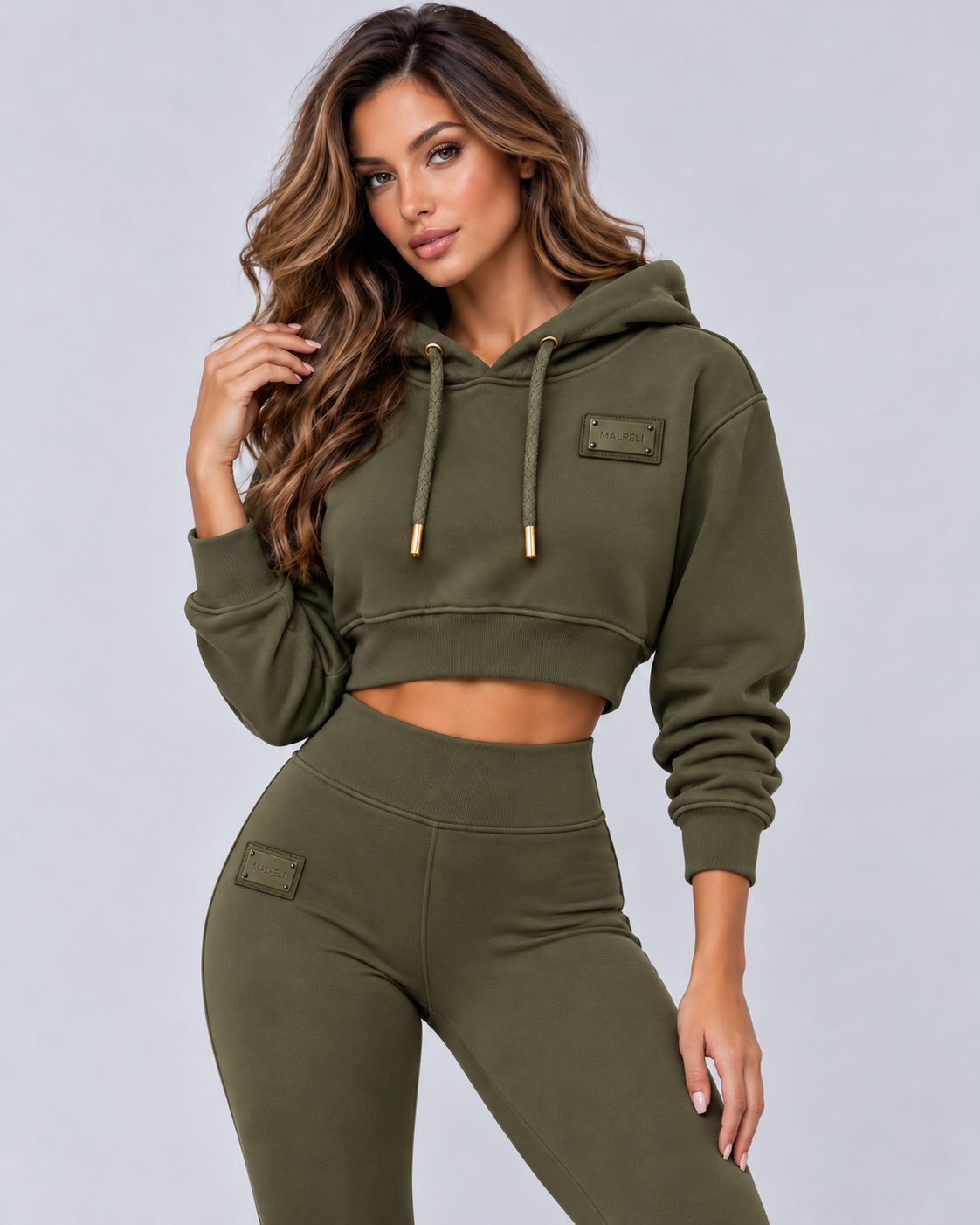Women’s Khaki Green Cropped Hoodie – Luxury Olive Green Sweatshirt