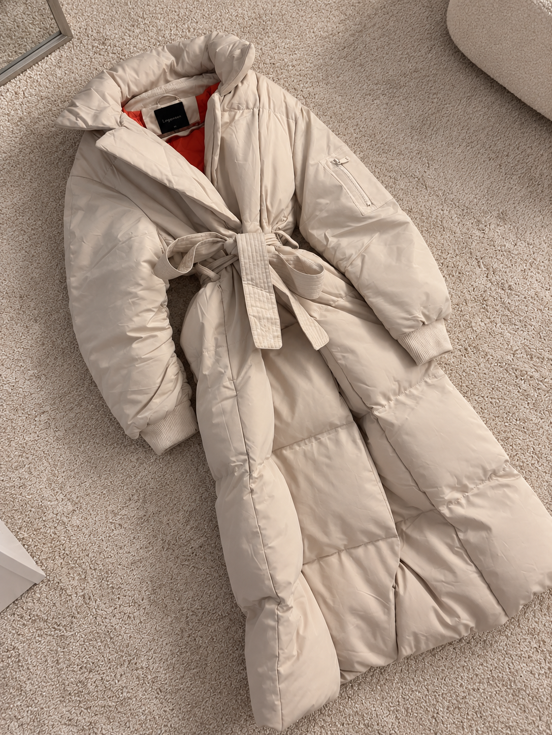 Women’s Cream Longline Puffer Coat – Belted Padded Winter Jacket