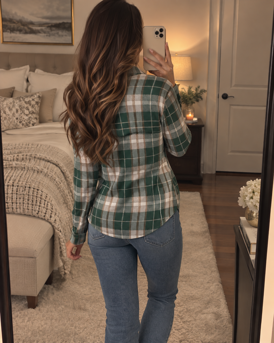 Women’s Forest Green Plaid Henley Jumper – Long Sleeve Autumn Top
