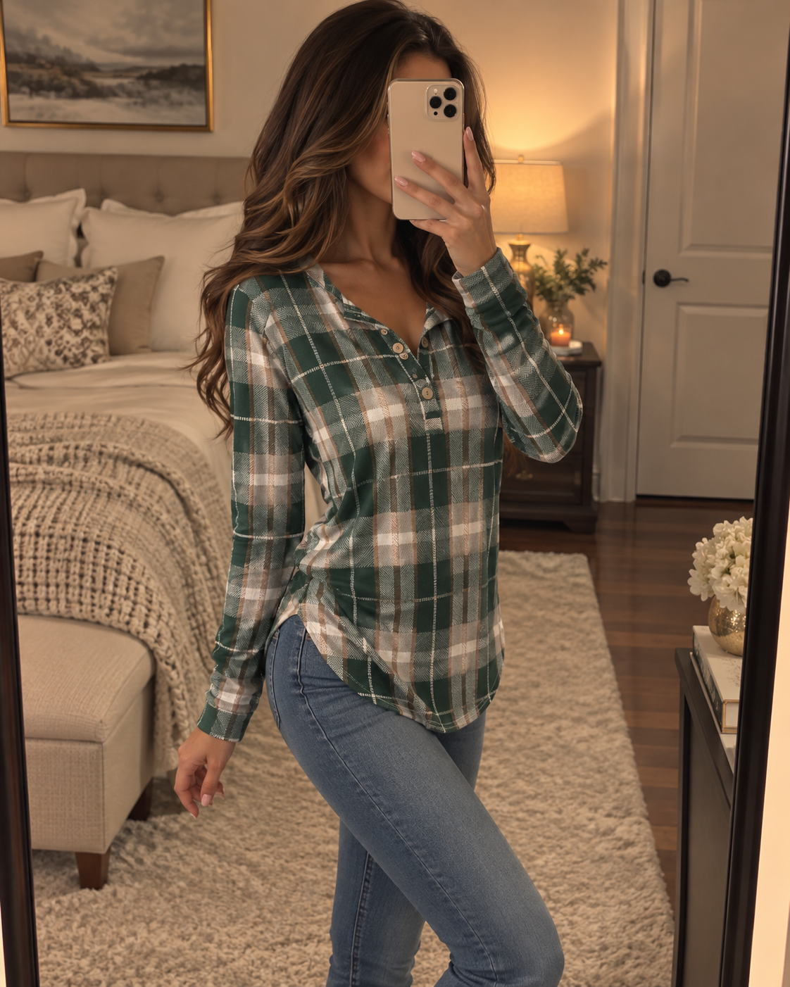 Women’s Forest Green Plaid Henley Jumper – Long Sleeve Autumn Top