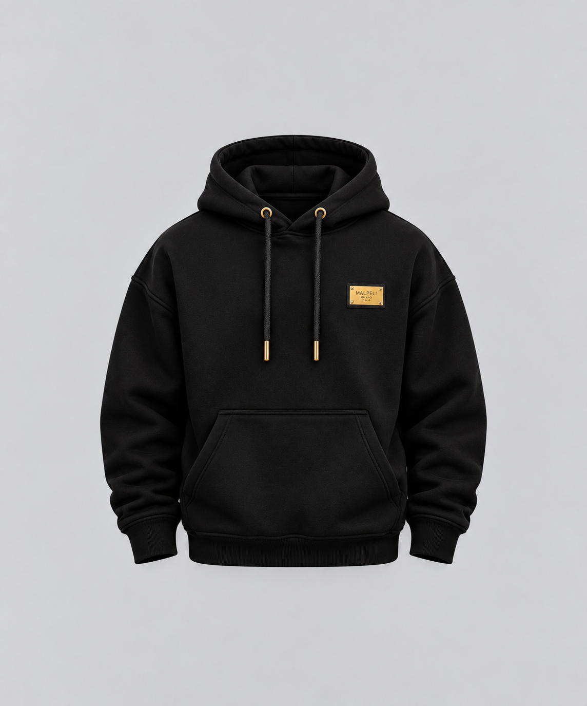 Men’s Oversized Black Hoodie – Luxury Gold Badge Pullover