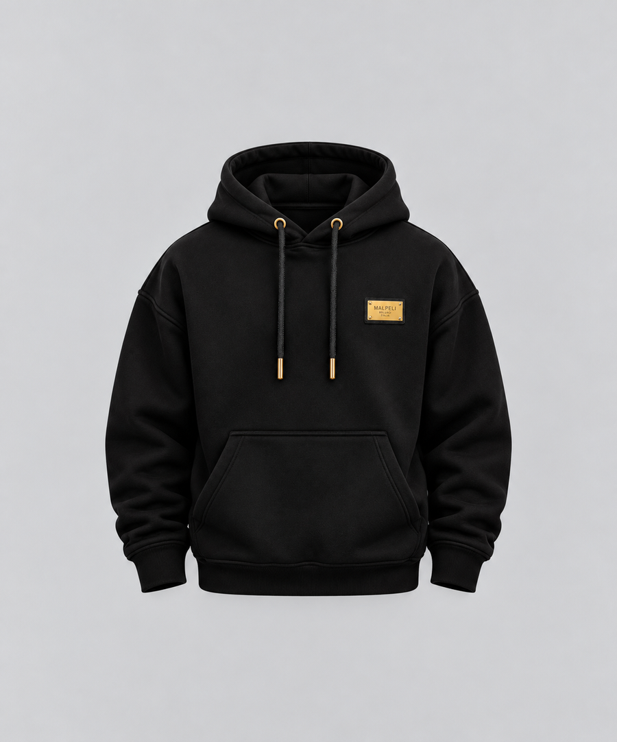 Men’s Oversized Black Hoodie – Luxury Gold Badge Pullover