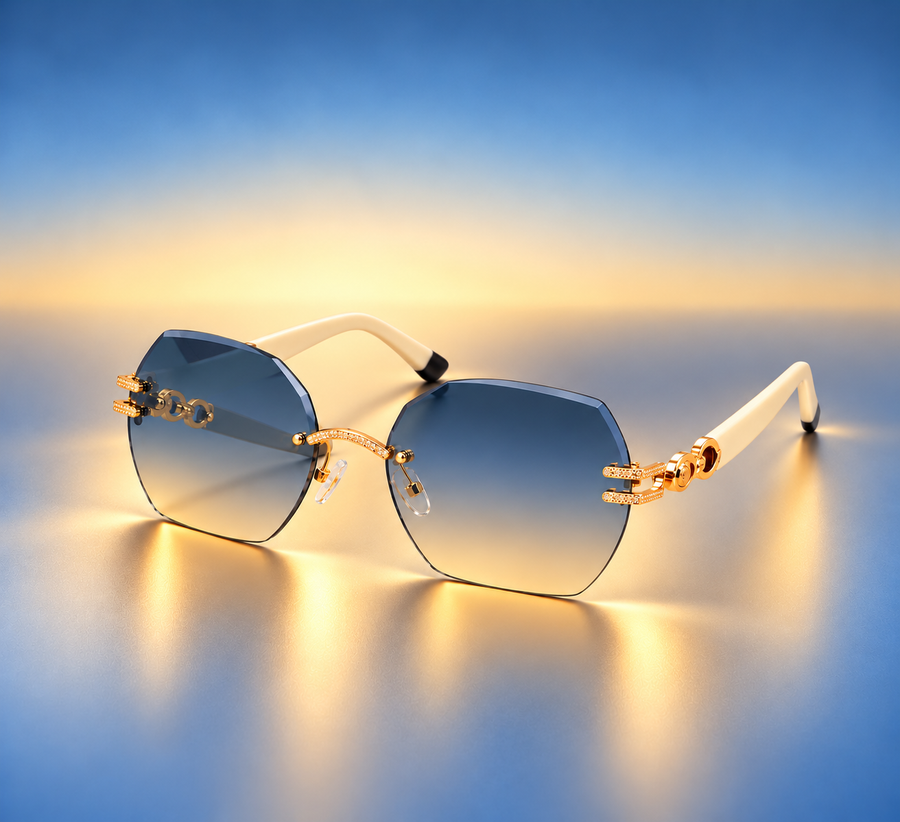Women’s Blue Gradient Rimless Sunglasses – Oversized Geometric Lenses, Gold Detail & Cream Arms