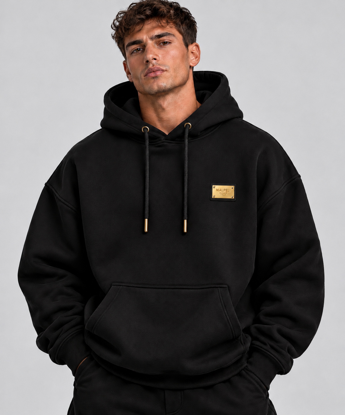 Men’s Oversized Black Hoodie – Luxury Gold Badge Pullover