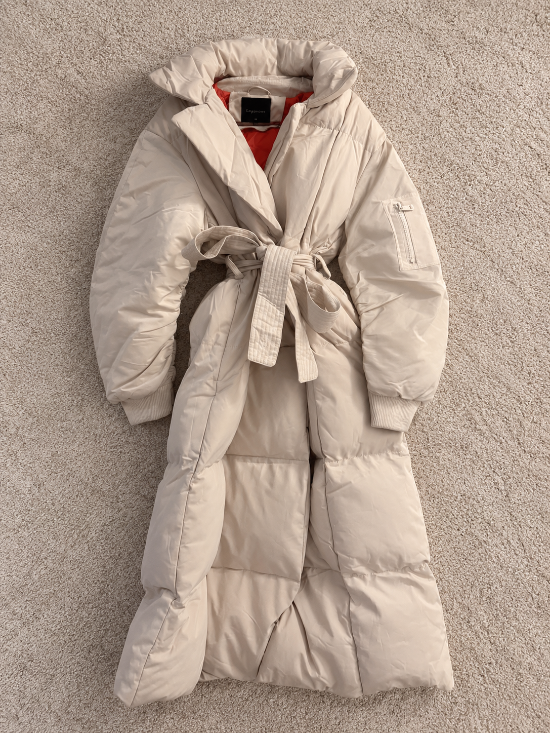 Women’s Cream Longline Puffer Coat – Belted Padded Winter Jacket
