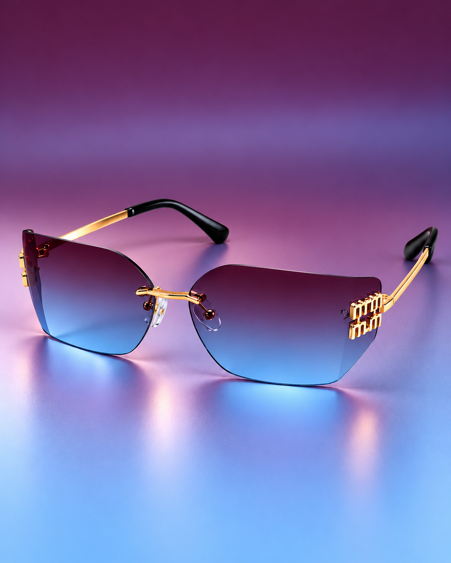 Women’s Rimless Oversized Square Sunglasses – Purple Blue Gradient Lenses & Gold Frame