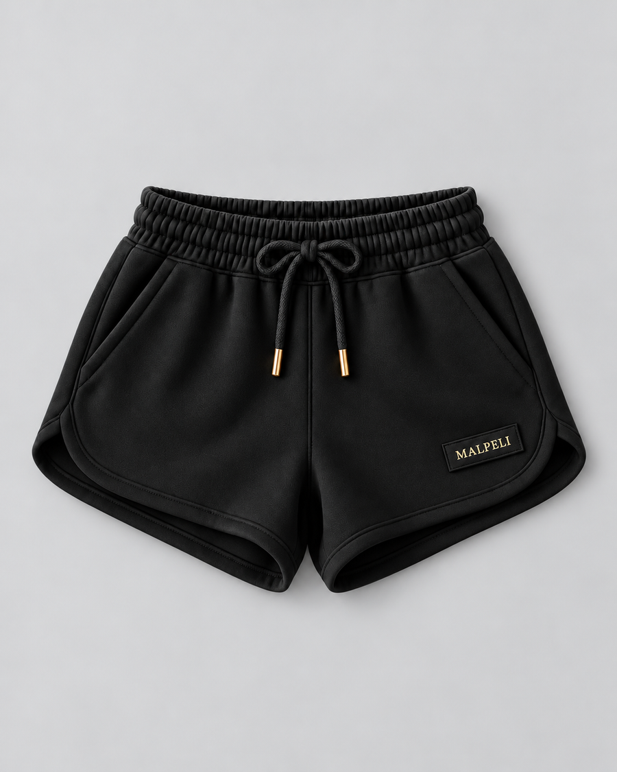 Black Running Shorts – Luxury High Waisted Gym Lounge Shorts with Gold Detail