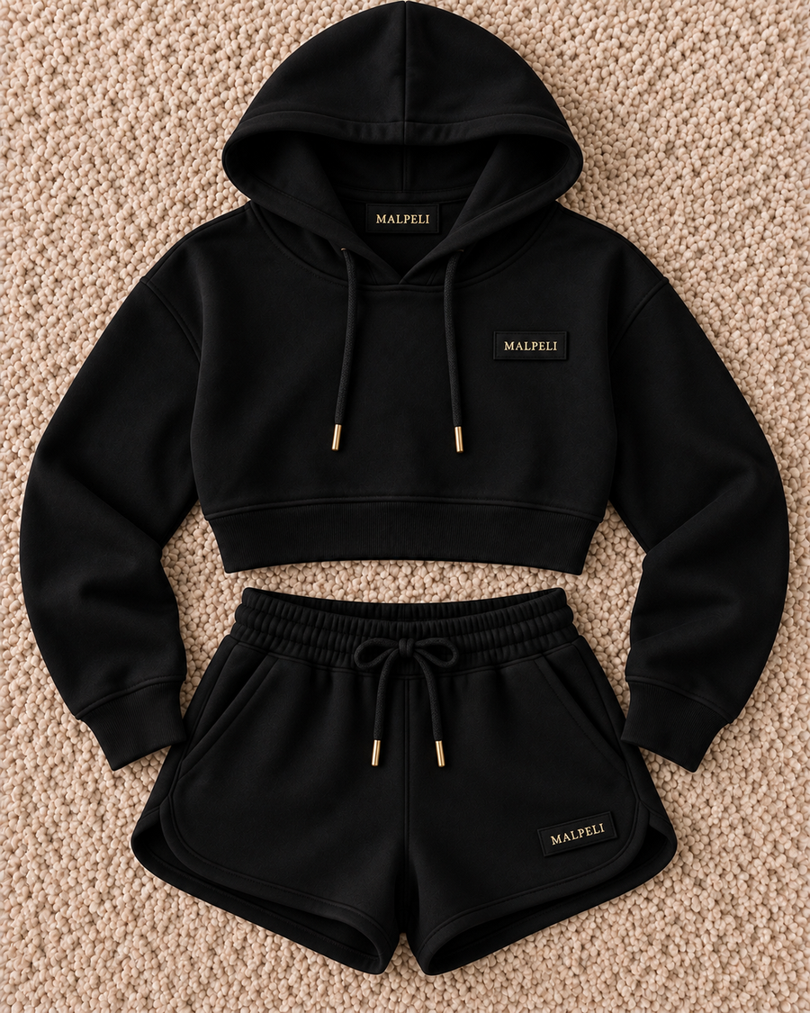MALPELI Noir Luxe Cropped Hoodie & Shorts Set