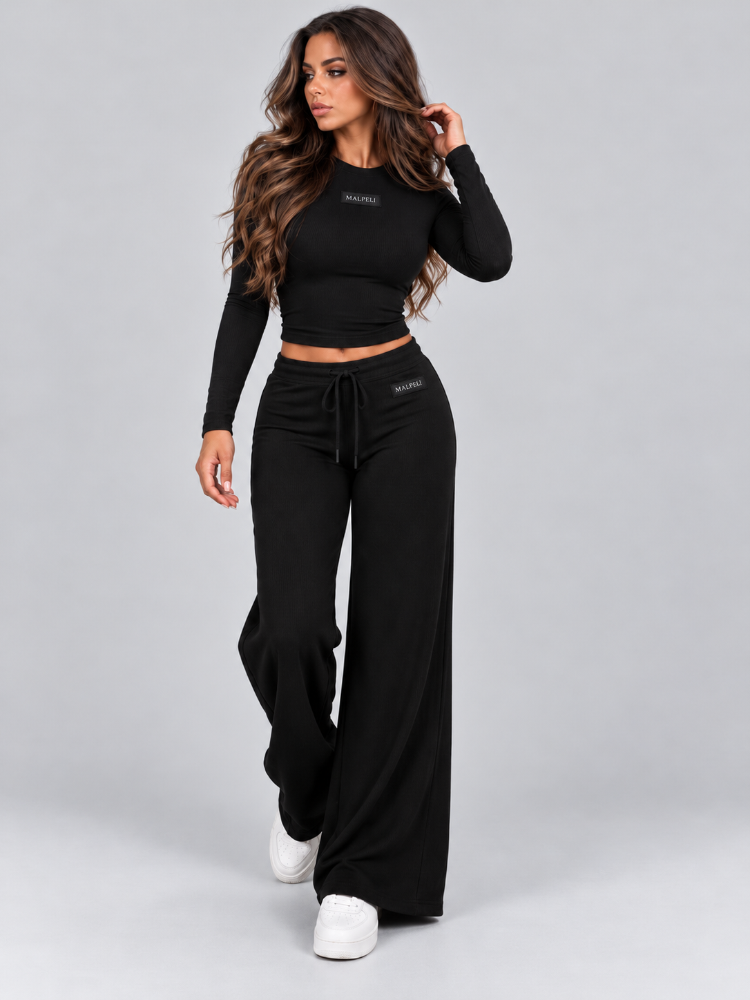 Women’s Black Co-Ord Set – Long Sleeve Crop Top & Wide Leg Trousers
