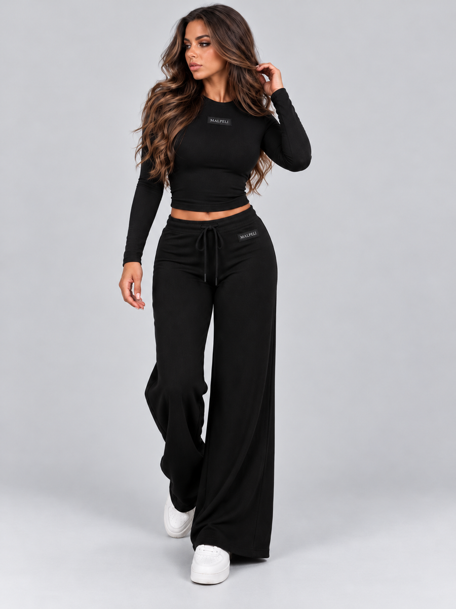 Women’s Black Co-Ord Set – Long Sleeve Crop Top & Wide Leg Trousers