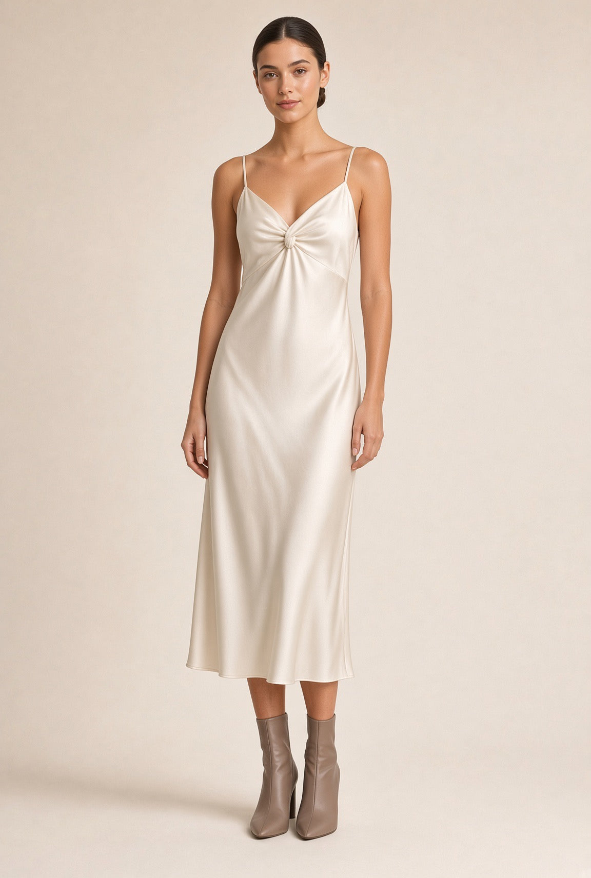 Westbourne Slip Dress: Knot Front + Tonal Hardware — Ivory