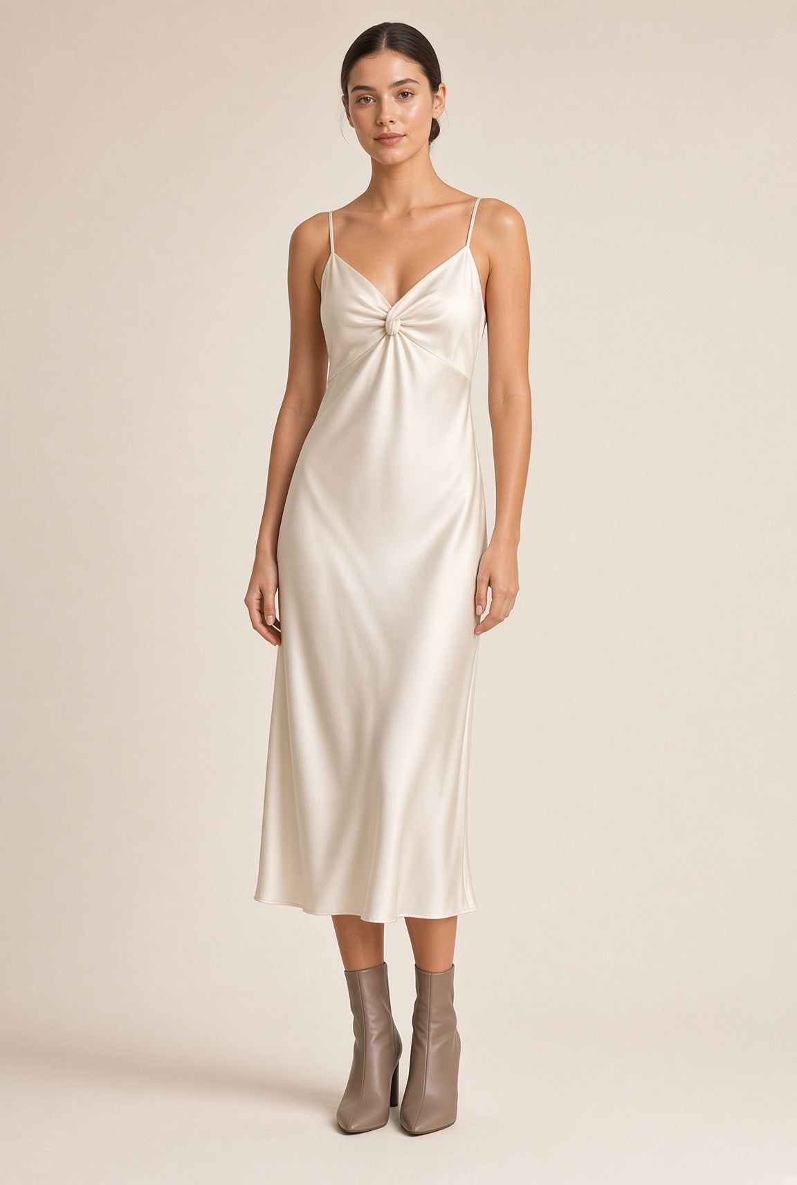 Westbourne Slip Dress: Knot Front + Tonal Hardware — Ivory