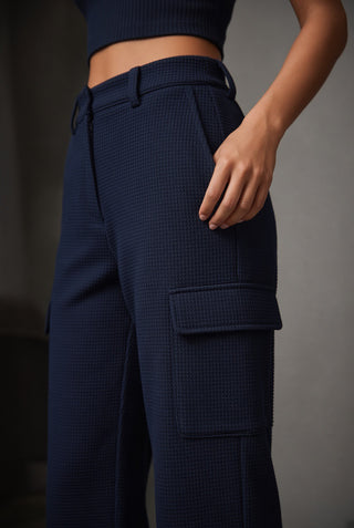 Arden Midnight Pique Textured Cargo Trousers — Clean Zip