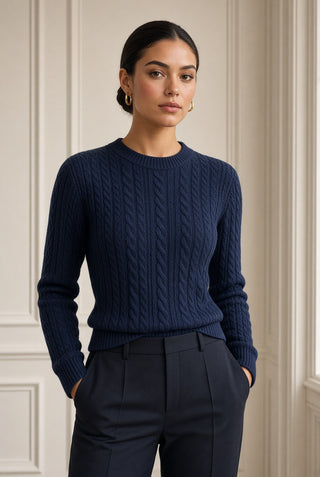 Aster Cable Jumper with Defined Shoulder — Clean Cut, Navy