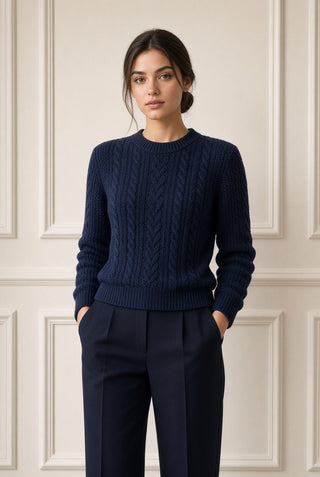 Aster Cable Jumper with Defined Shoulder — Clean Cut, Navy