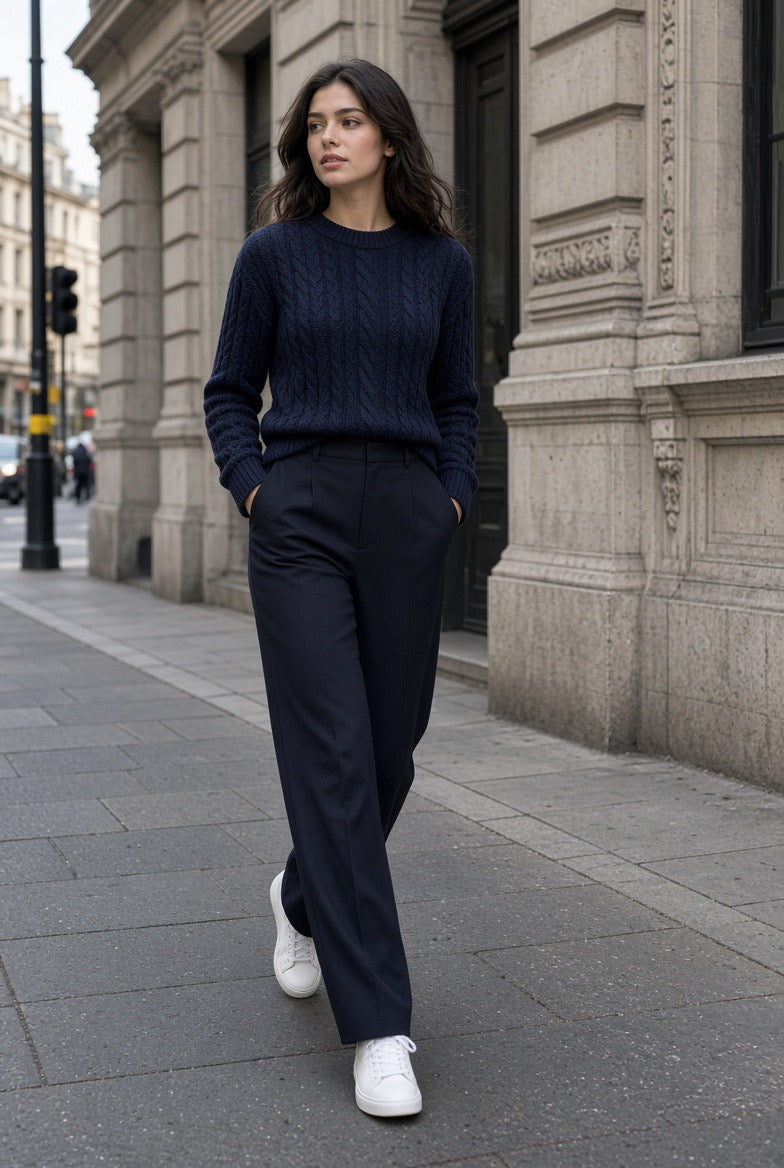 Aster Cable Jumper with Defined Shoulder — Clean Cut, Navy