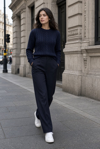 Aster Cable Jumper with Defined Shoulder — Clean Cut, Navy