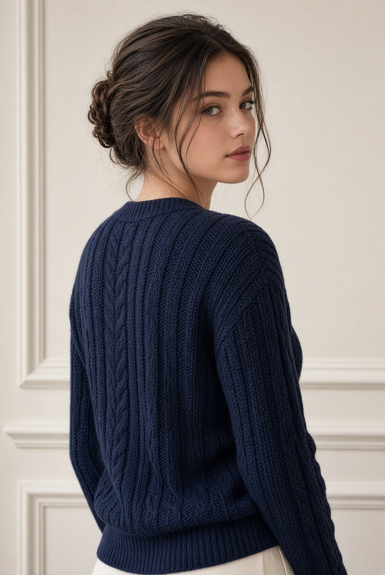 Aster Cable Jumper with Defined Shoulder — Clean Cut, Navy
