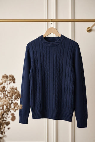 Aster Cable Jumper with Defined Shoulder — Clean Cut, Navy
