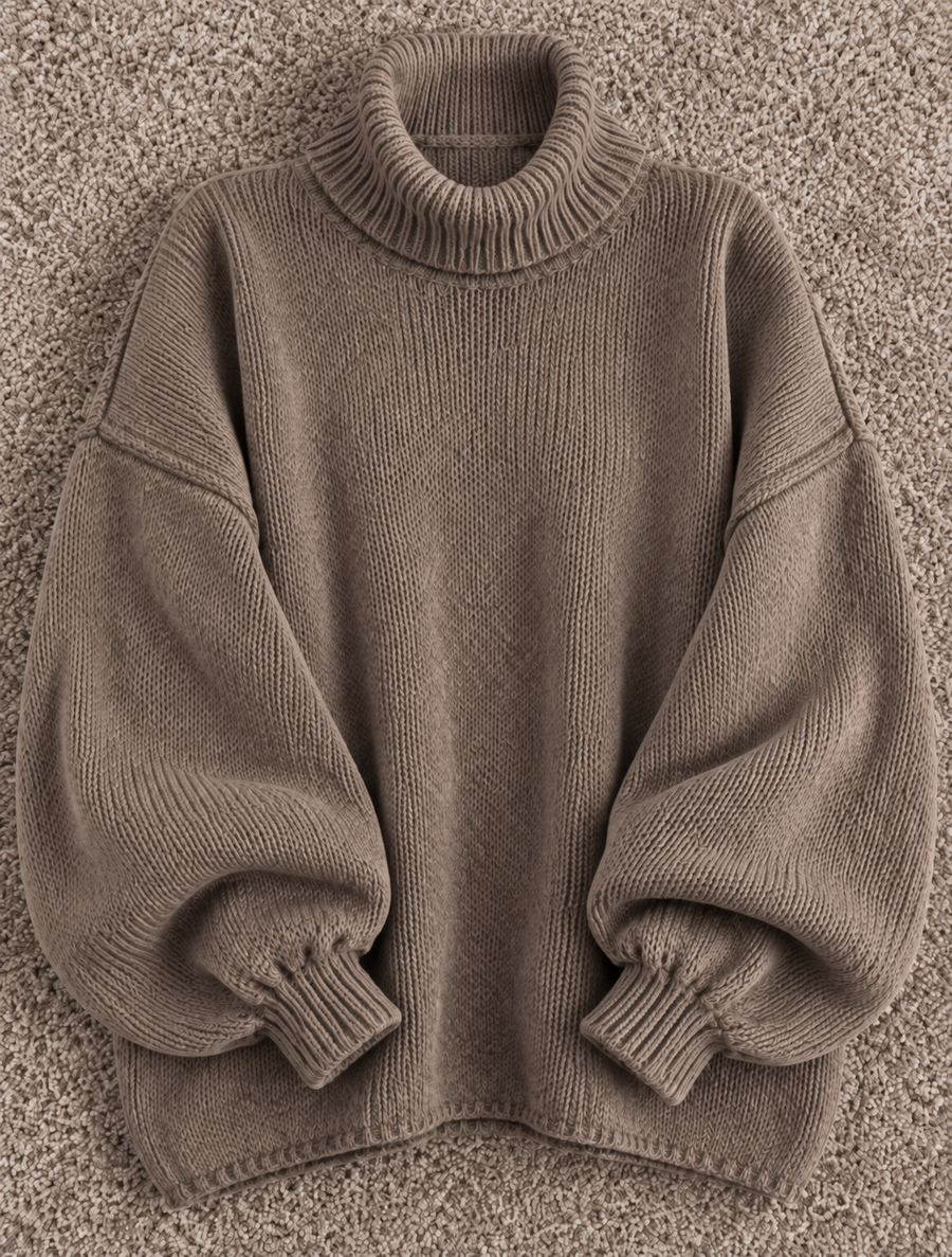 Women’s Oversized Chunky Knit Turtleneck Jumper – Balloon Sleeve Cosy Autumn Winter Sweater