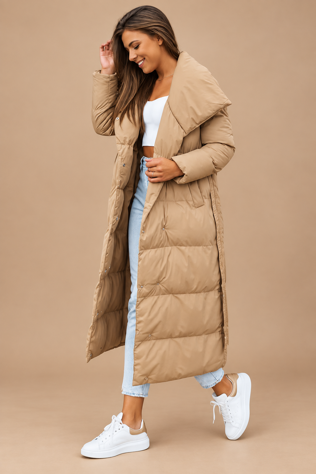 Long Camel Quilted Puffer Coat – Women’s Oversized Winter Jacket