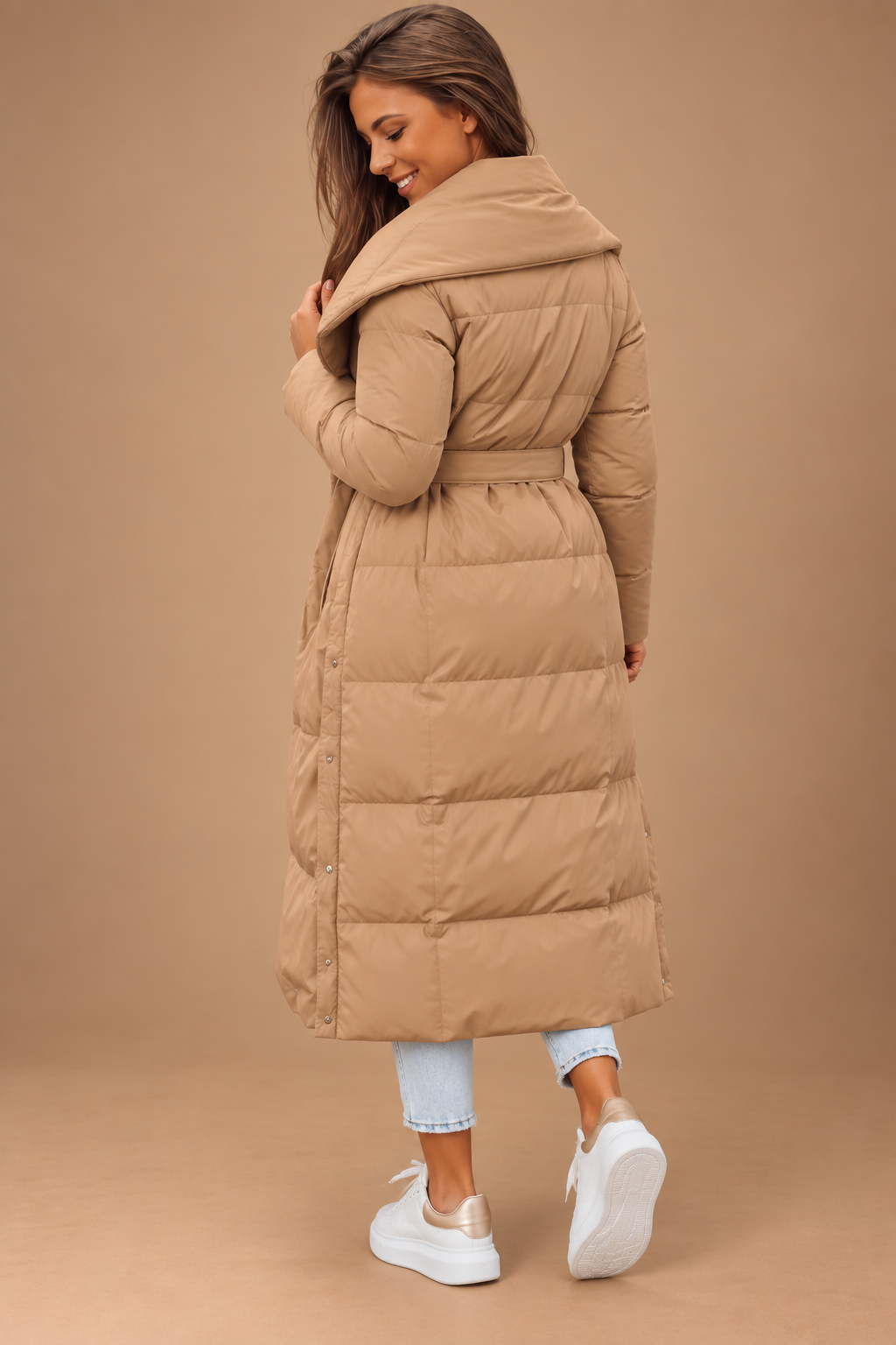 Long Camel Quilted Puffer Coat – Women’s Oversized Winter Jacket