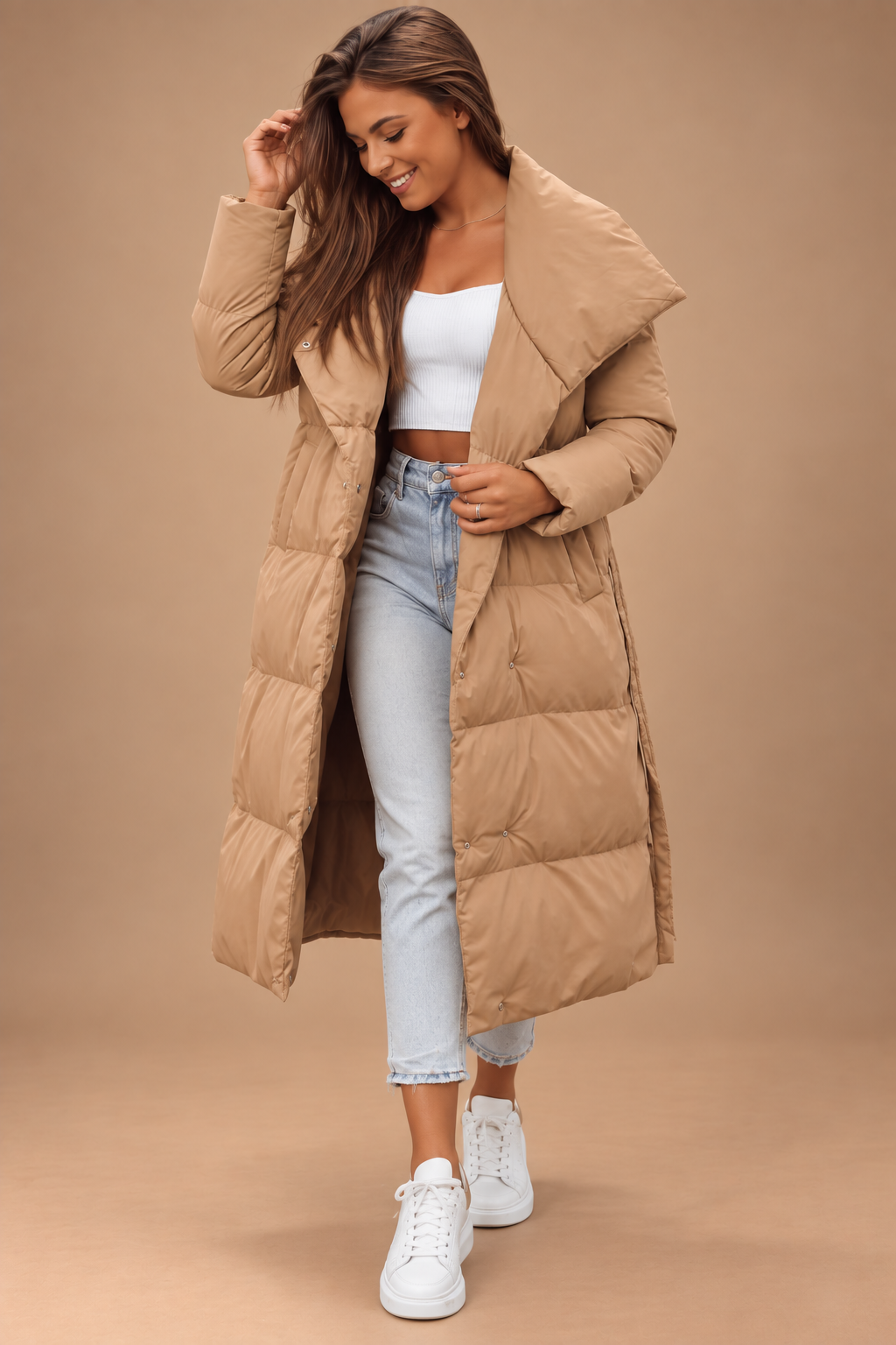 Long Camel Quilted Puffer Coat – Women’s Oversized Winter Jacket