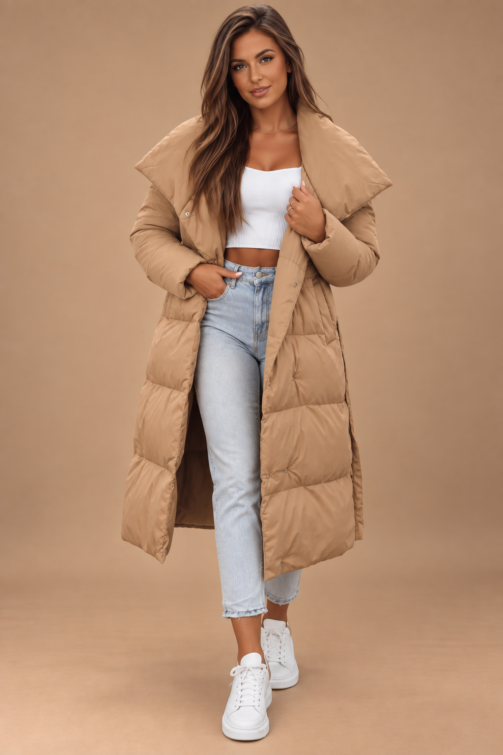 Long Camel Quilted Puffer Coat – Women’s Oversized Winter Jacket