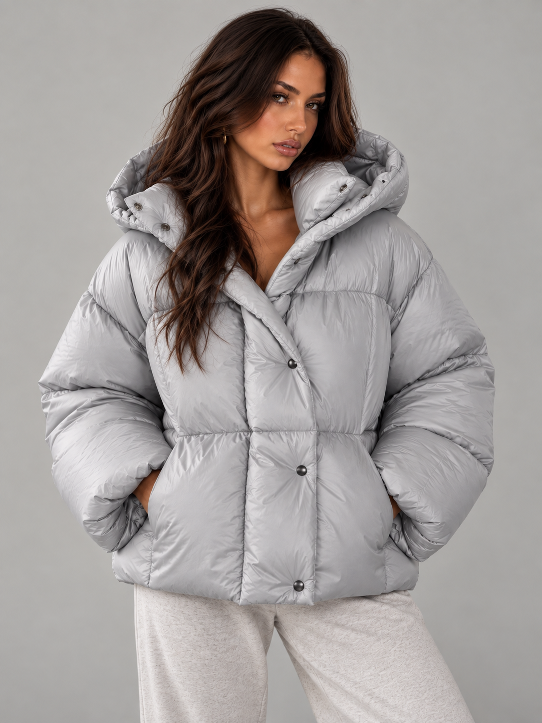 Silver Grey Oversized Hooded Puffer Jacket – Women’s Winter Coat