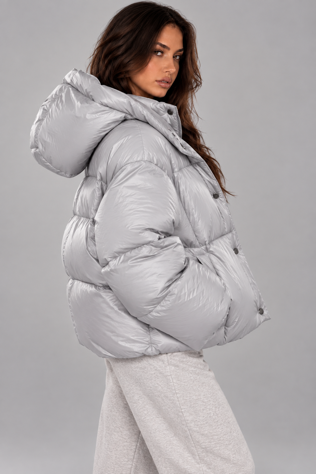 Silver Grey Oversized Hooded Puffer Jacket – Women’s Winter Coat
