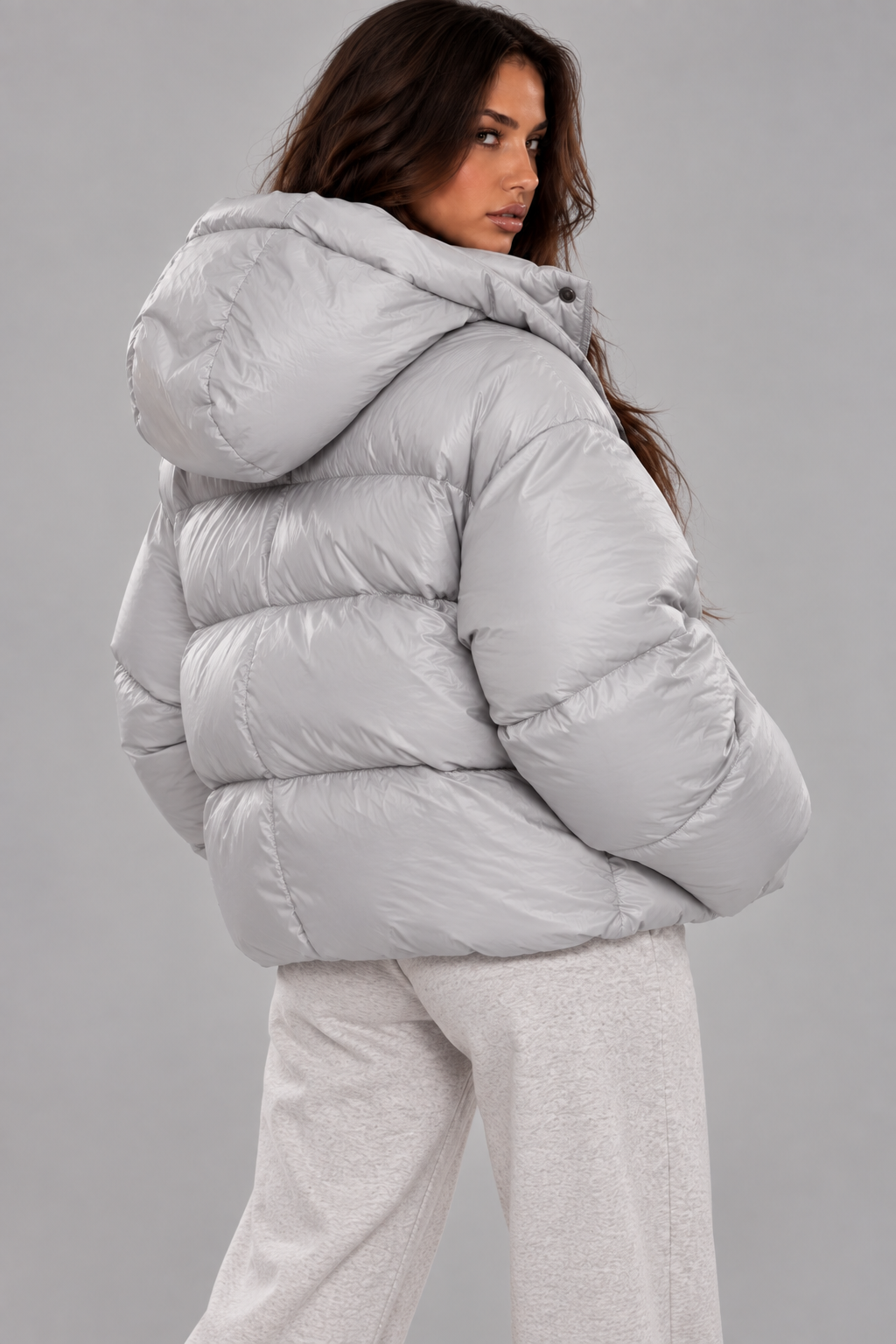 Silver Grey Oversized Hooded Puffer Jacket – Women’s Winter Coat