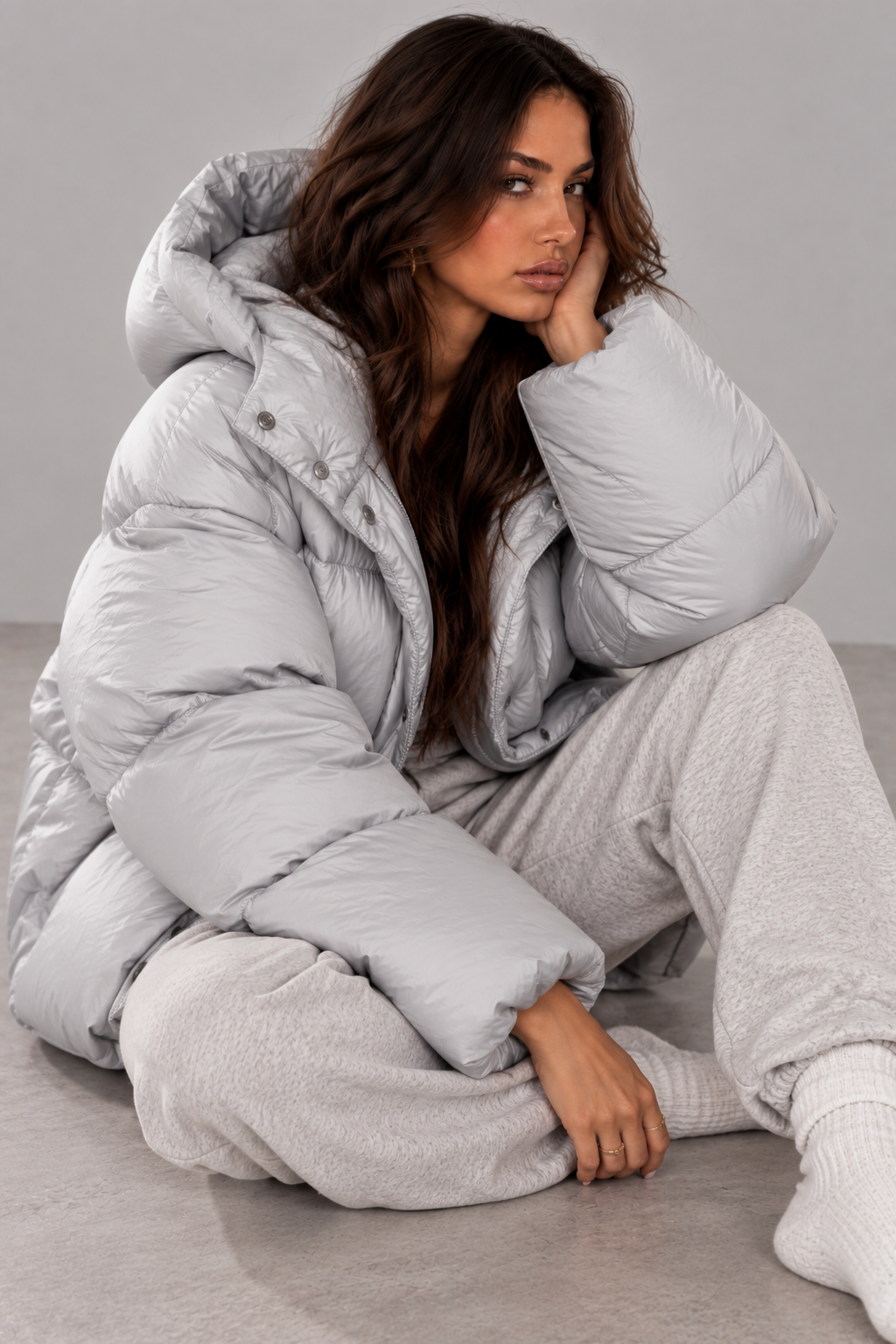 Silver Grey Oversized Hooded Puffer Jacket – Women’s Winter Coat