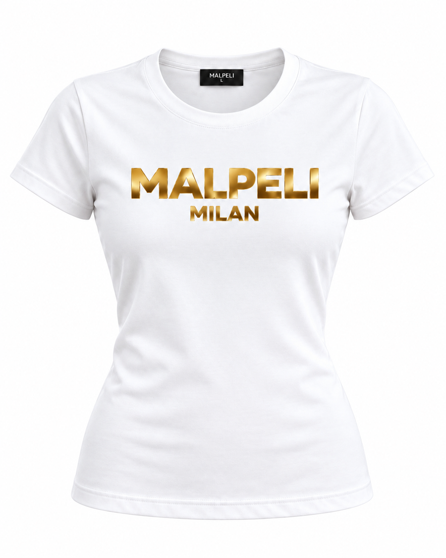 Limited Edition Malpeli Women’s White T-Shirt Size M Gold Logo Designer Style Tee