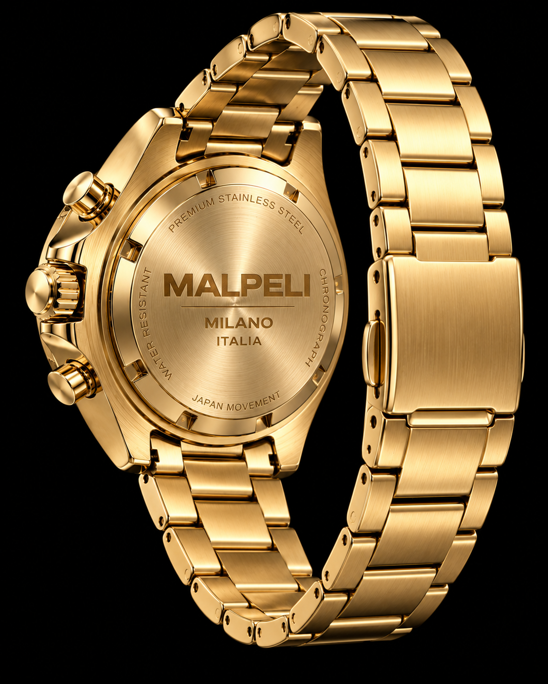 MALPELI Gold Chronograph Watch – Black Dial Luxury Men’s Statement Watch