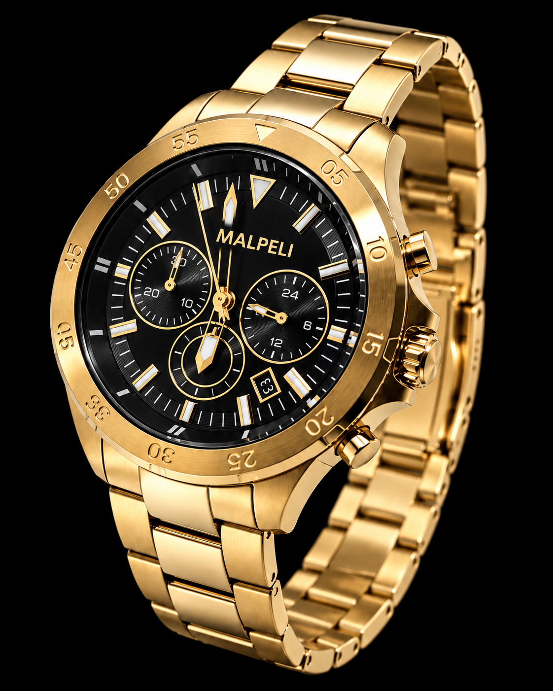MALPELI Gold Chronograph Watch – Black Dial Luxury Men’s Statement Watch