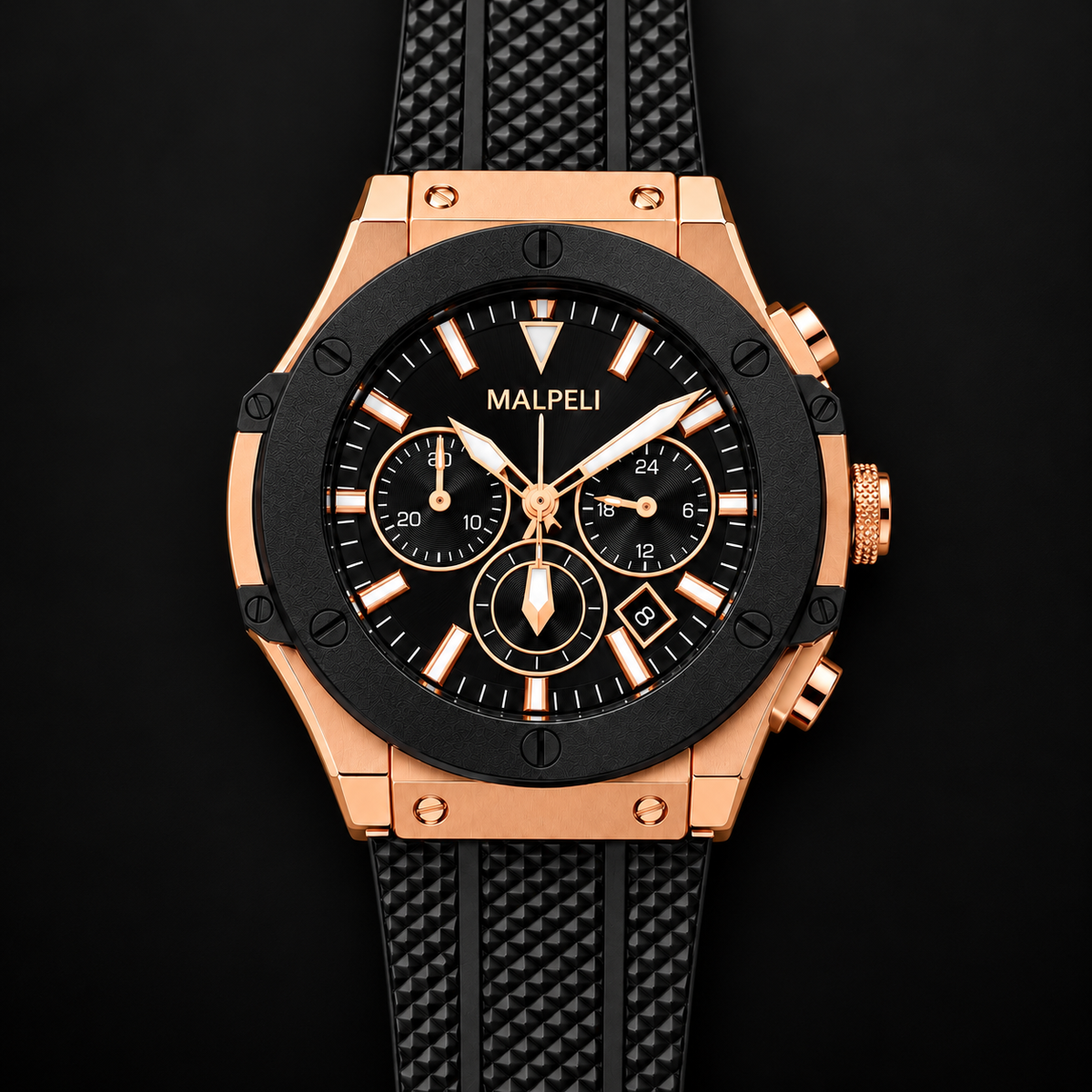 MALPELI Milano Men’s Luxury Chronograph Style Watch – Rose Gold & Black