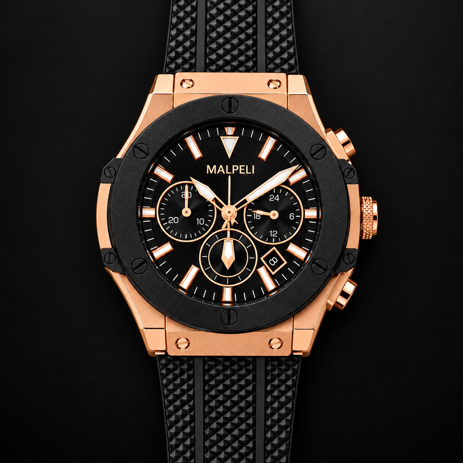 MALPELI Milano Men’s Luxury Chronograph Style Watch – Rose Gold & Black