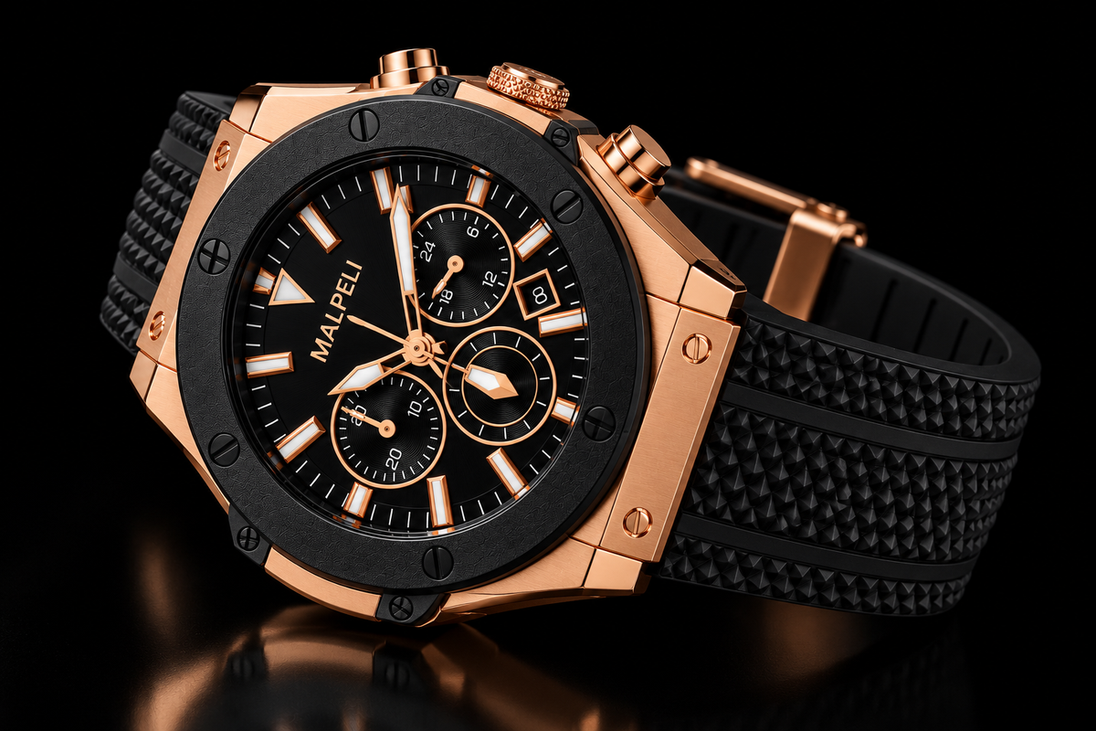 MALPELI Milano Men’s Luxury Chronograph Style Watch – Rose Gold & Black