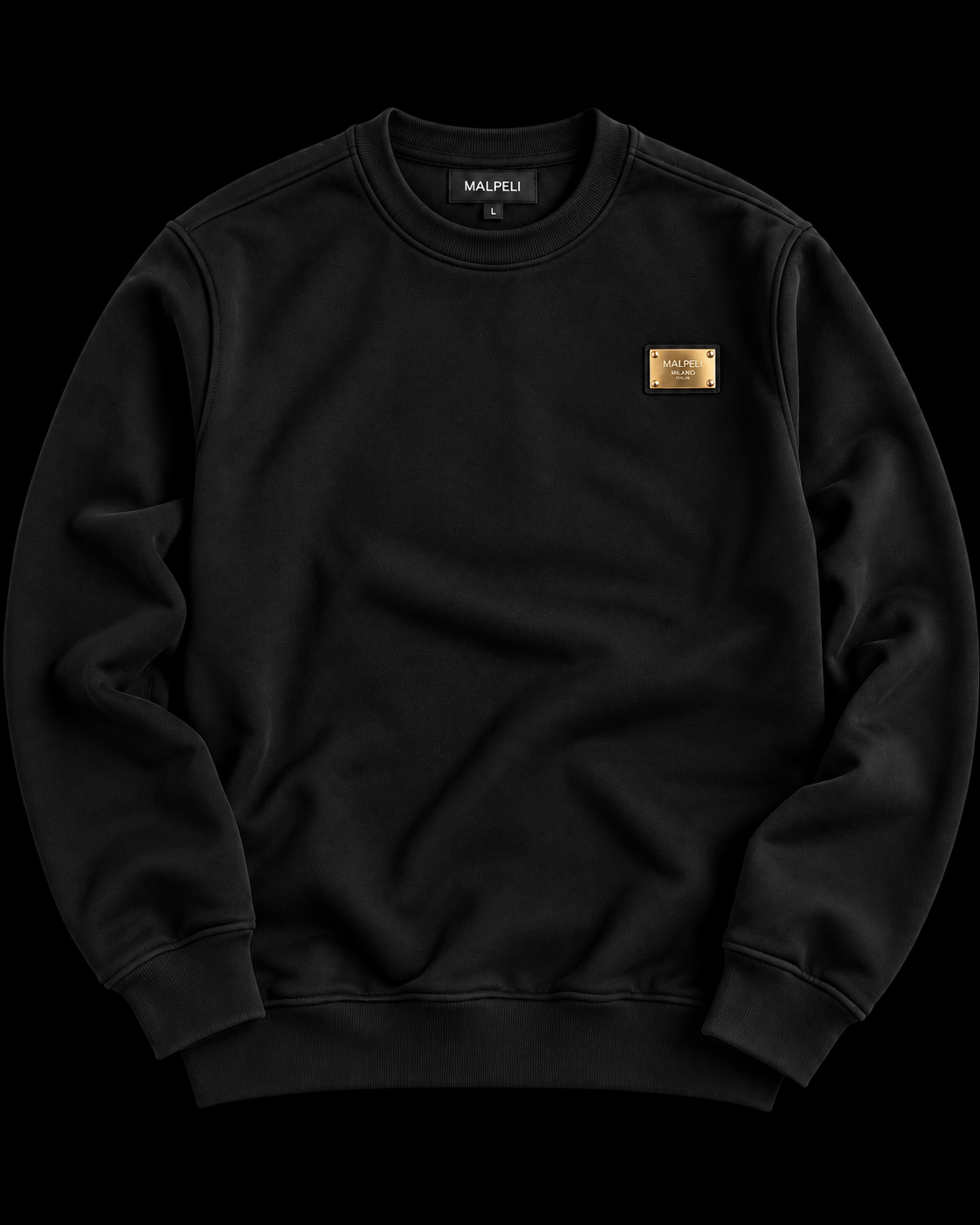 MALPELI Milano Men’s Black Sweatshirt Gold Badge Luxury Crewneck Jumper